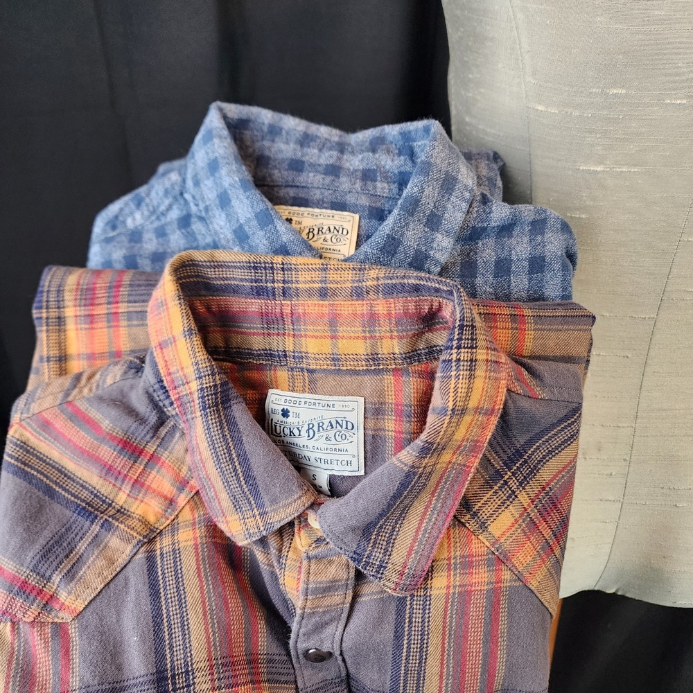 LOT OF 2 Lucky Brand Mens Saturday Stretch Long Sleeve Flannel Shirt Small S